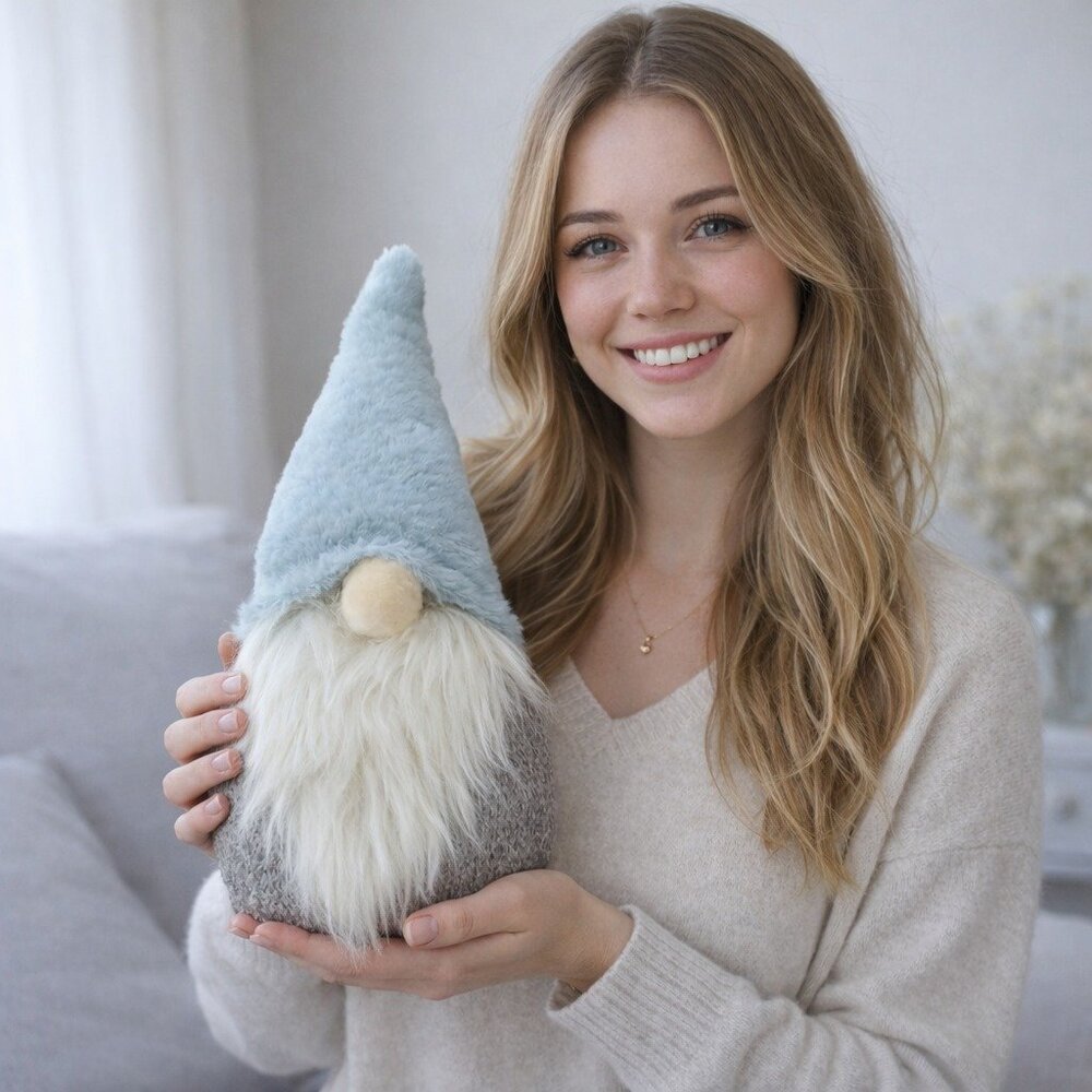 Large 13โ Plush Gnome Decor Light Blue Hat Faux Fur Beard Weighted Shelf Figure - Picture 1 of 5